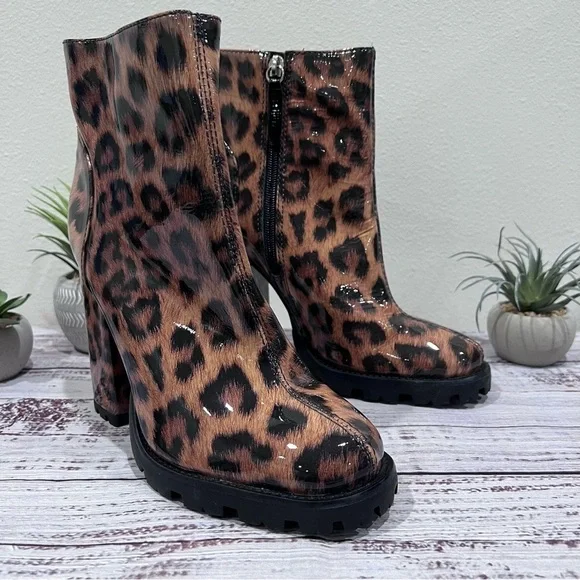 Schutz Animal Print Leopard Patent Leather Bootie with Lug Sole